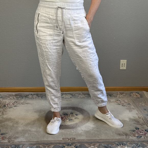 Athleta Womens Cabo Linen Jogger Pant Size 6 Ivory Tide Camo Neutral Minimal - Picture 1 of 10